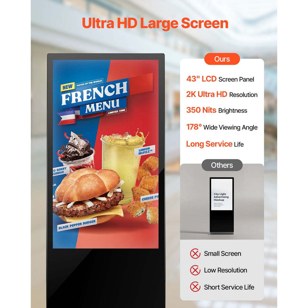 43 Inch Digital Signage Display, Touchscreen Digital Kiosk, Indoor Floor Standing Kiosk Display, 2K UHD LCD Screen, 2GB RAM & 32GB ROM, with WiFi HDMI/USB Input, Commercial Advertising Display