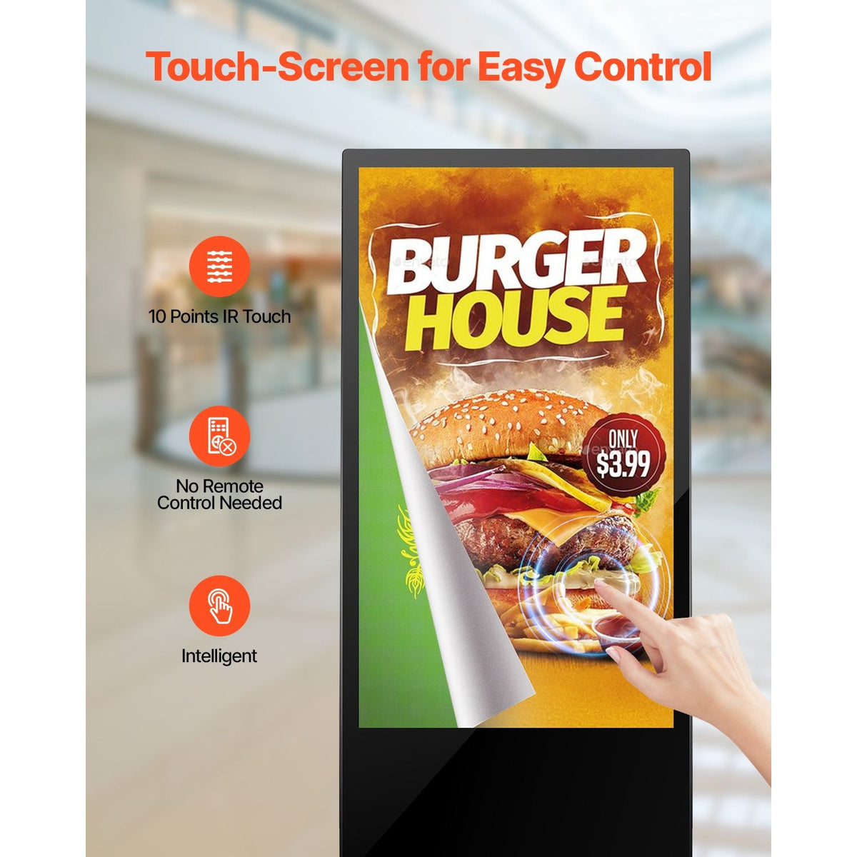 43 Inch Digital Signage Display, Touchscreen Digital Kiosk, Indoor Floor Standing Kiosk Display, 2K UHD LCD Screen, 2GB RAM & 32GB ROM, with WiFi HDMI/USB Input, Commercial Advertising Display