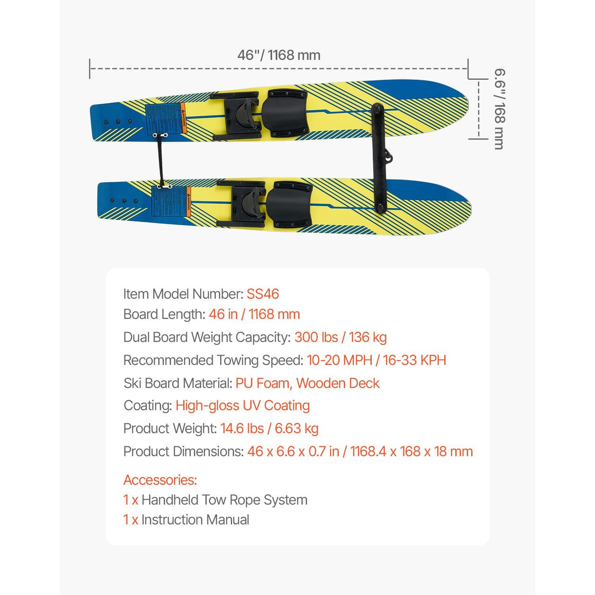 46" Water Skis, Kids Water Ski Trainers with X-7 Adjustable Bindings, Double-Handle Rope & Removable Stabilizing Bar, Training Waterskis Combo for Kids Youth Up to 300 lbs