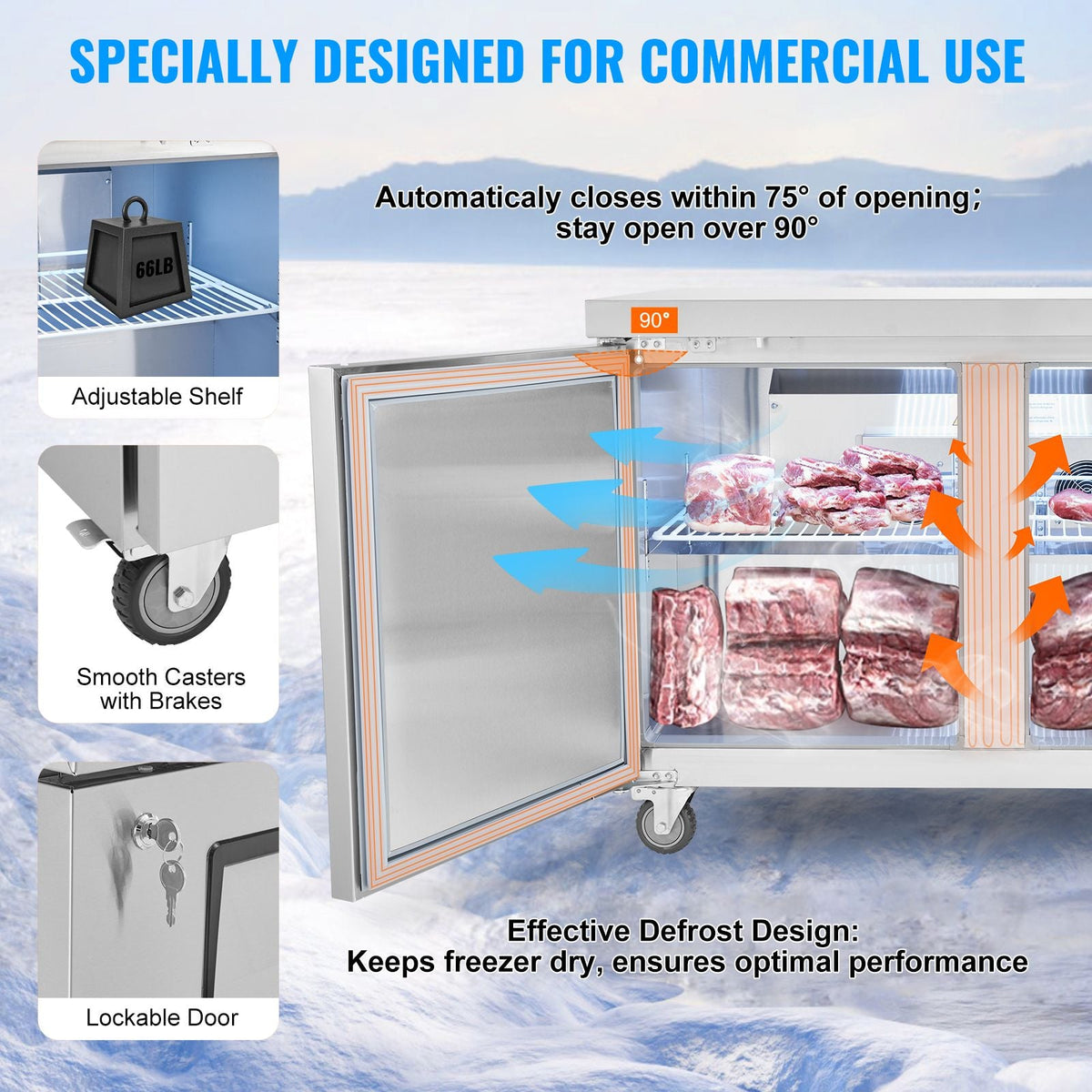 48" Commercial Frozen Refrigerator Sandwich & Salad Prep Table, 12.9 Cu. Ft Stainless Steel Refrigerated Food Prep Station with 2 Doors, Frost Free Refrigerator with Lock for Restaurant, Bar
