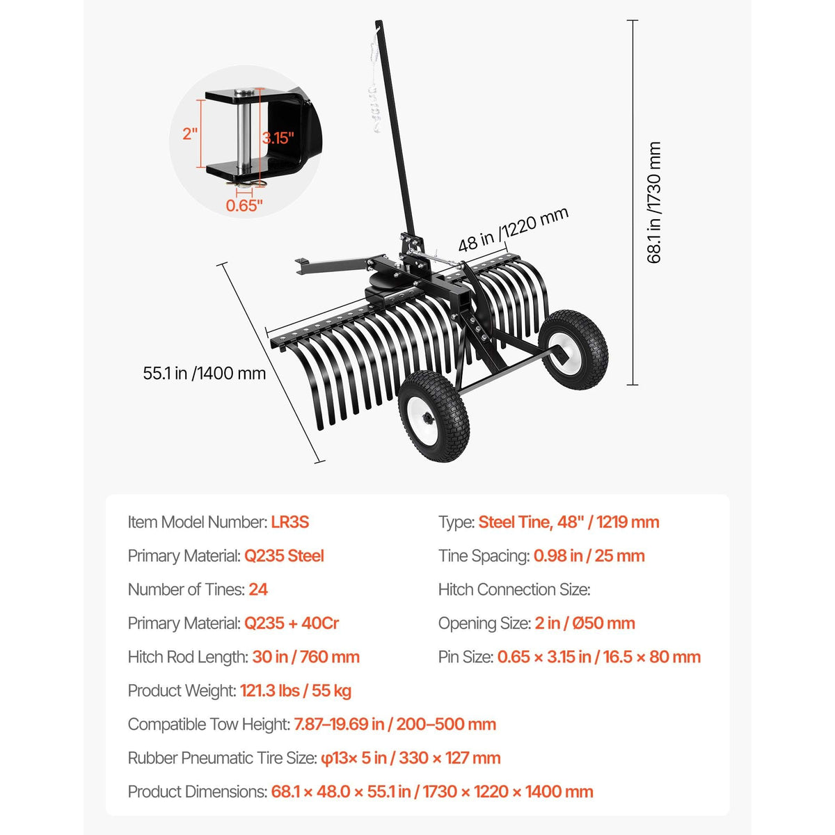 48in Tow Behind Landscape Rake, Pull Behind Lawn Rock Rakes for ATV Mower Tractors, 24 Durable Steel Tines, Adjustable Height & Angle, Heavy Duty Dethatcher Rake for Leaves Debris