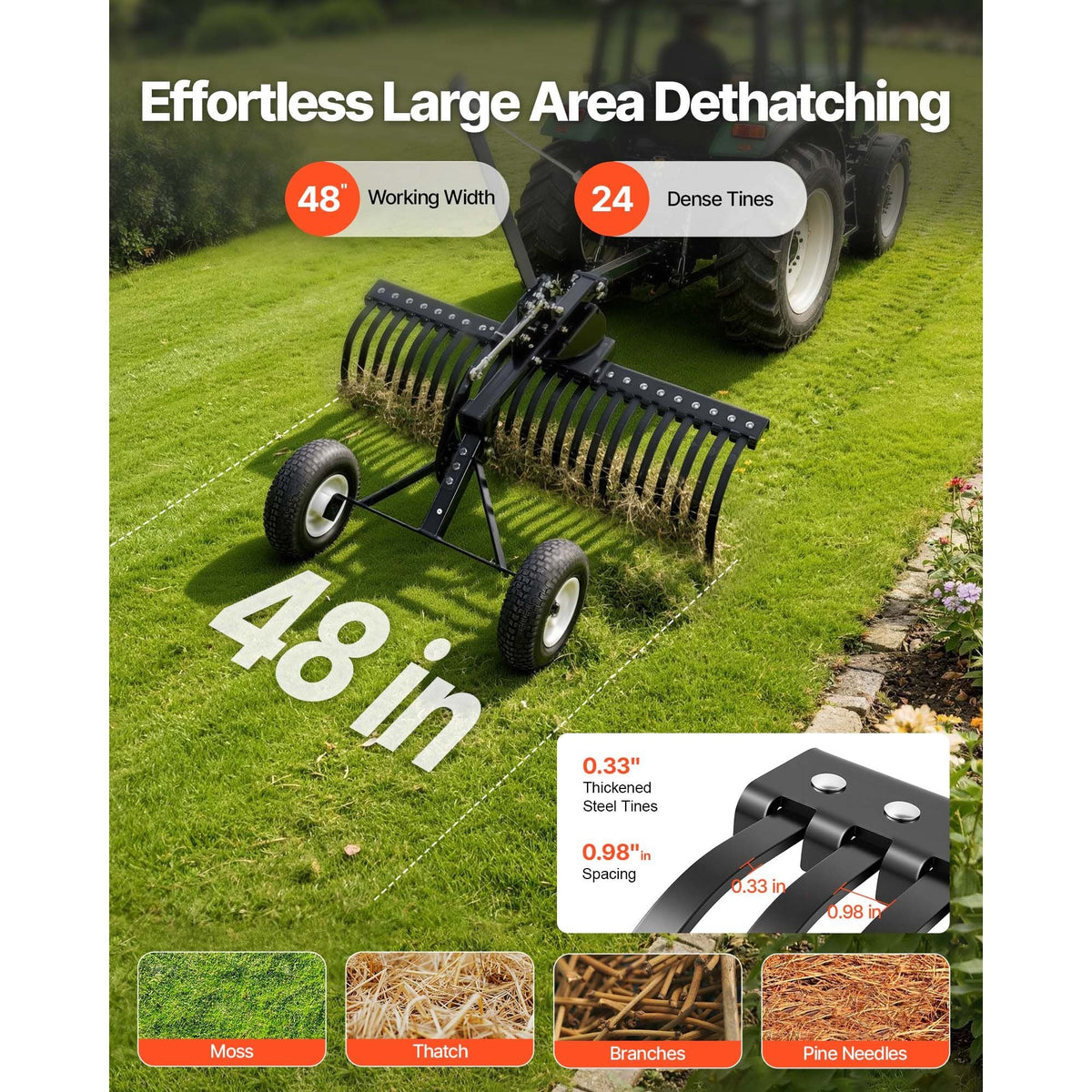 48in Tow Behind Landscape Rake, Pull Behind Lawn Rock Rakes for ATV Mower Tractors, 24 Durable Steel Tines, Adjustable Height & Angle, Heavy Duty Dethatcher Rake for Leaves Debris
