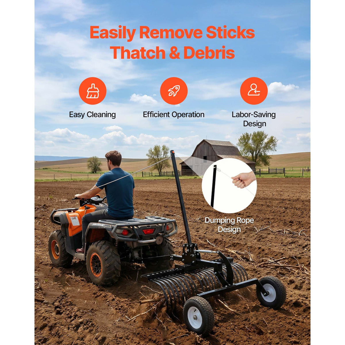 48in Tow Behind Landscape Rake, Pull Behind Lawn Rock Rakes for ATV Mower Tractors, 24 Durable Steel Tines, Adjustable Height & Angle, Heavy Duty Dethatcher Rake for Leaves Debris