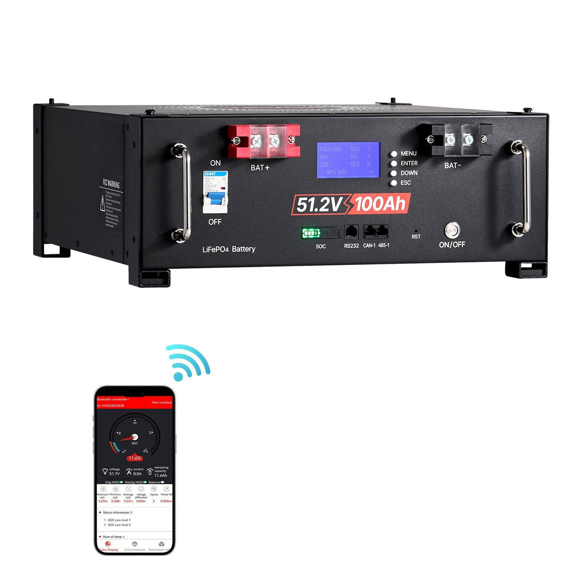 48V 100Ah LiFePO4 Lithium Battery, Built-in 100A BMS, 51.2V Server Rack LiFePO4 Battery with Bluetooth, 5.12kWh Capacity, Max 6000 Cycles, LCD Display, for Off-Grid, Solar System, Backup Power