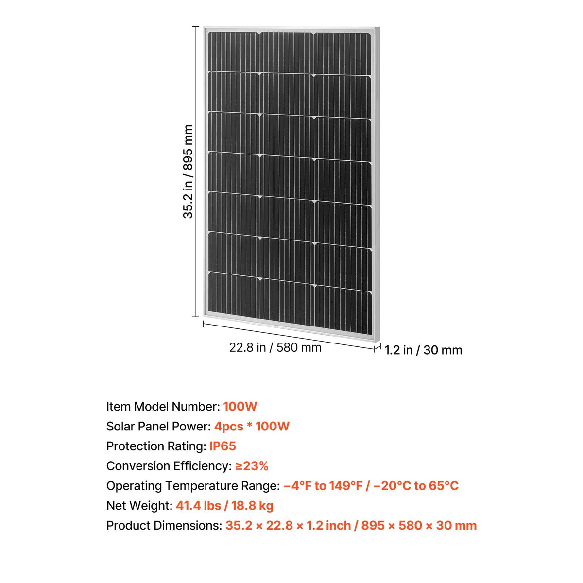 4PCS 100W Monocrystalline Solar Panels, 23% High-Efficiency Mono PV Module with Stable MC4 Output & Aluminum Frame, IP65 Waterproof Solar Panel for Car Boat RV Flat Rooftop Off-Grid Applications