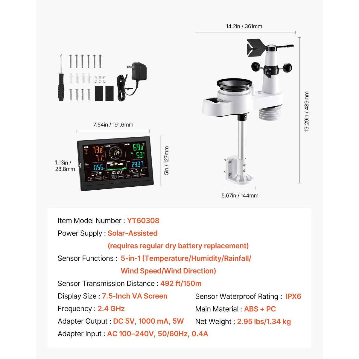 5-in-1 Wi-Fi Weather Station, 7.5-Inch VA Display, Wireless Solar Powered Outdoor Sensor, Rain Gauge, Indoor Outdoor for Weather Forecast, Wind Speed Direction, Temperature, Humidity, Rainfall