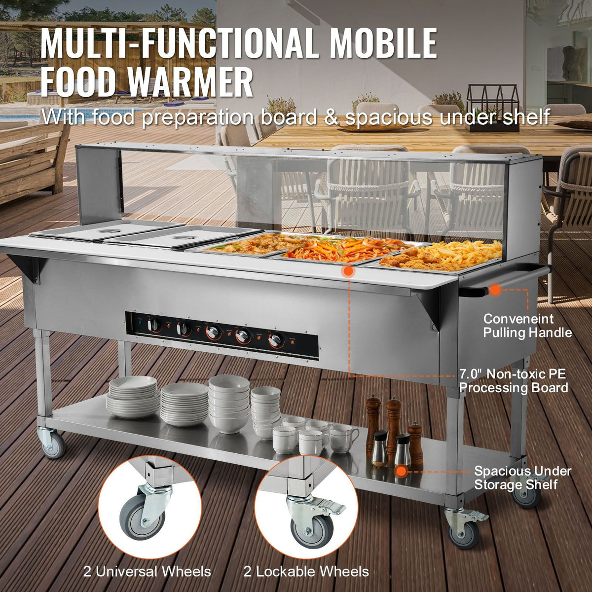 5-Pan Commercial Food Warmer, 5 x 20.6QT Electric Steam Table, 3750W Professional Buffet Catering Food Warmer with Acrylic Sneeze Guard, Food Grade Stainless Steel Server for Party Restaurant