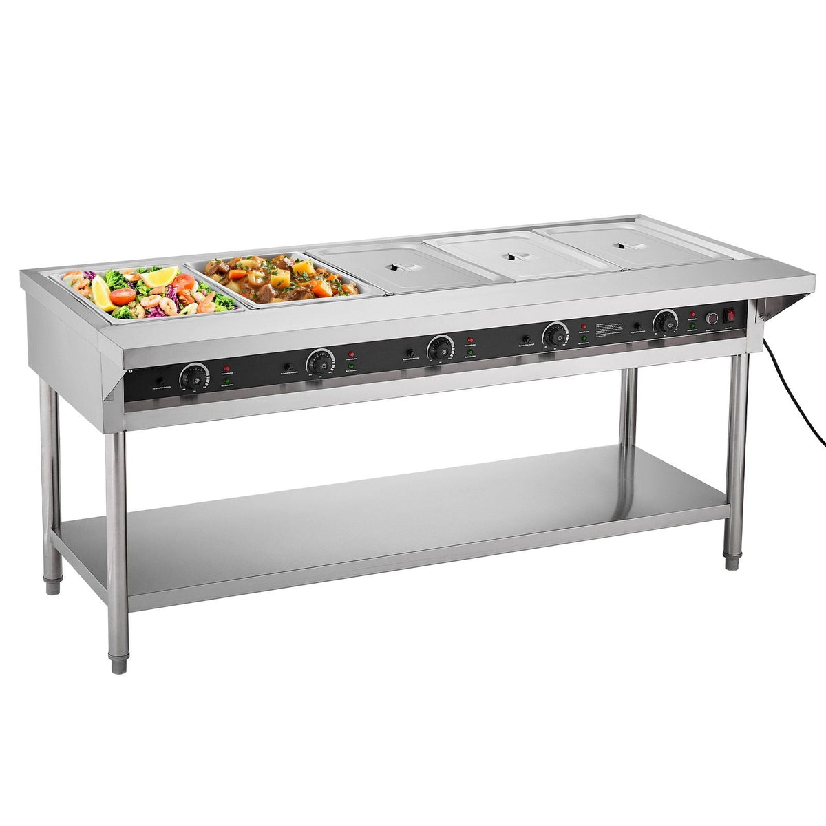 5-Pan Commercial Food Warmer, Electric Steam Table with Independent Temperature Control, 750W x 5 Stainless Steel Buffet Catering Food Warmer with Undershelf and Workspace, for Restaurant