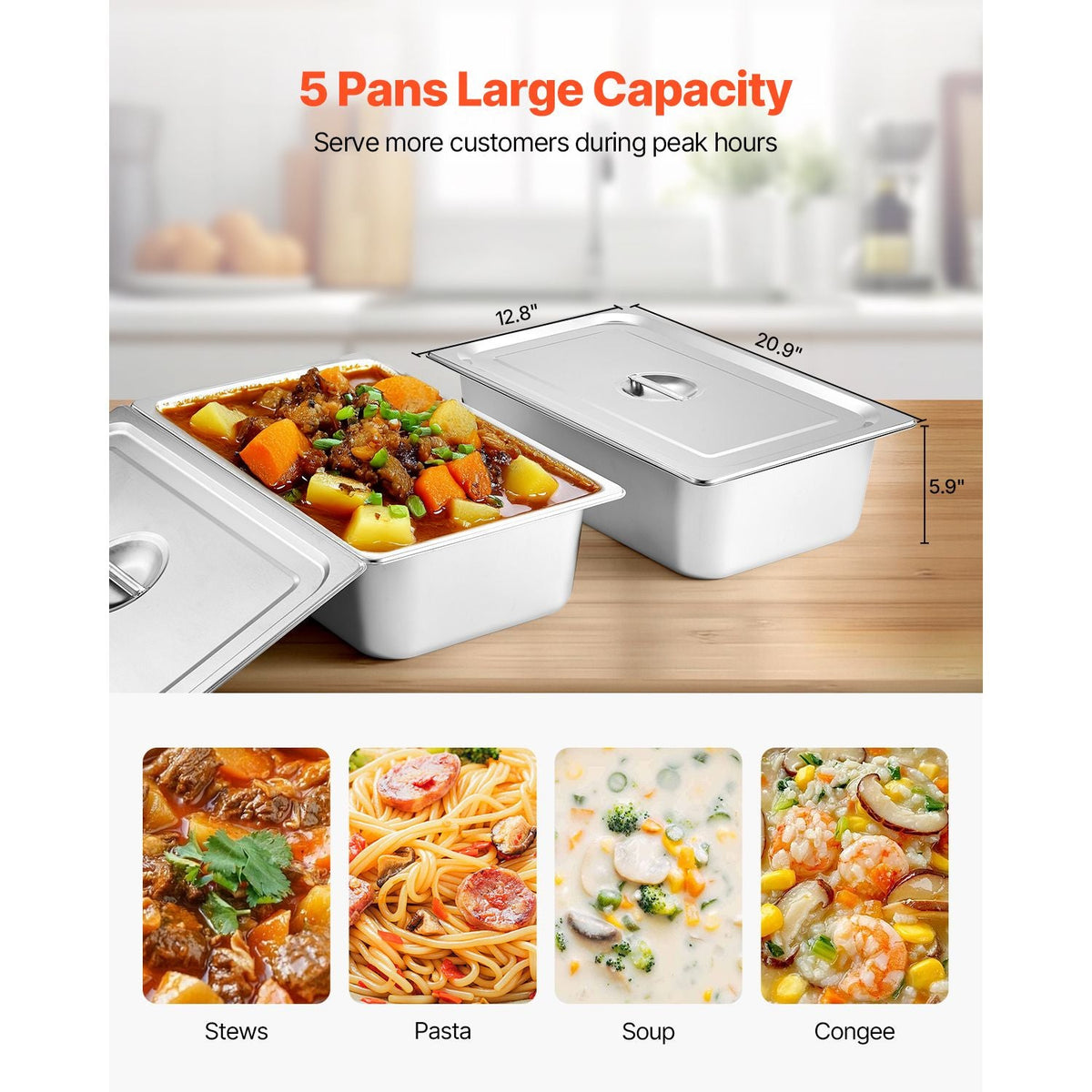 5-Pan Commercial Food Warmer, Electric Steam Table with Independent Temperature Control, 750W x 5 Stainless Steel Buffet Catering Food Warmer with Undershelf and Workspace, for Restaurant