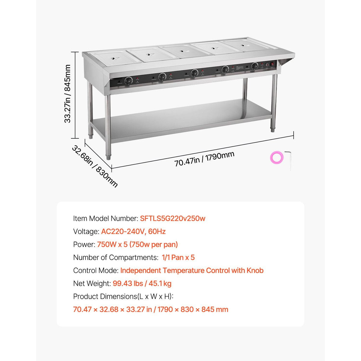 5-Pan Commercial Food Warmer, Electric Steam Table with Independent Temperature Control, 750W x 5 Stainless Steel Buffet Catering Food Warmer with Undershelf and Workspace, for Restaurant