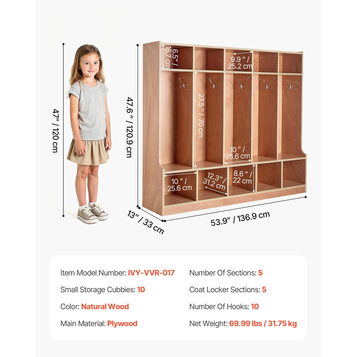 5-Section Kids Coat Locker, Wooden Toddler Cubby Storage Organizer with 10 Hooks & Non-Slip Mat, Modern Kid Coat Cubbies with 10 Small Open Storage Boxes for Home, Kindergarten, Daycare, Natural