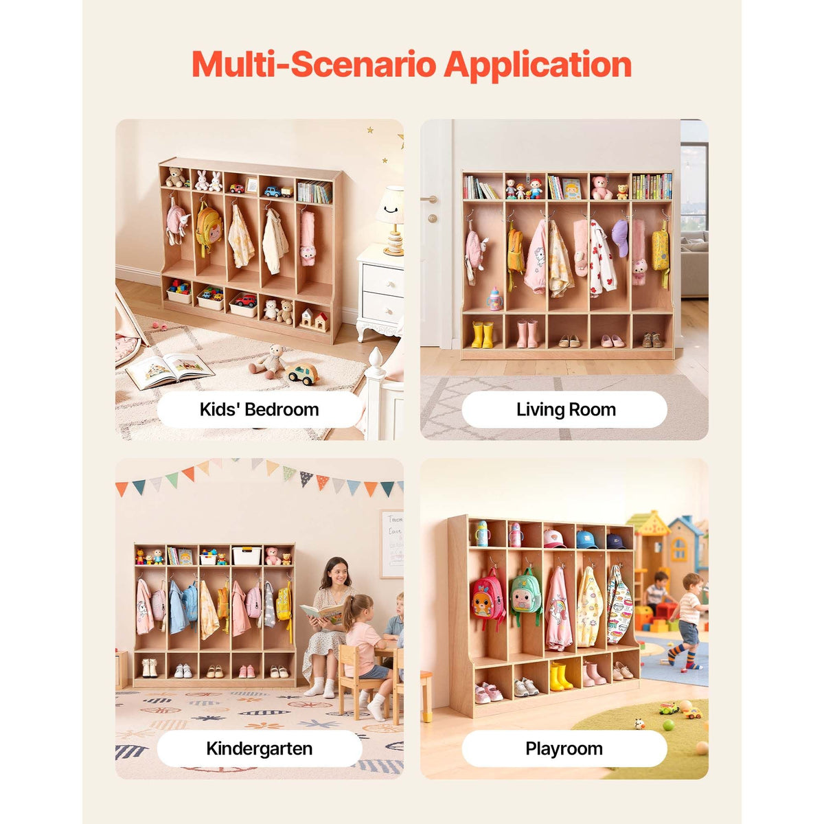5-Section Kids Coat Locker, Wooden Toddler Cubby Storage Organizer with 10 Hooks & Non-Slip Mat, Modern Kid Coat Cubbies with 10 Small Open Storage Boxes for Home, Kindergarten, Daycare, Natural
