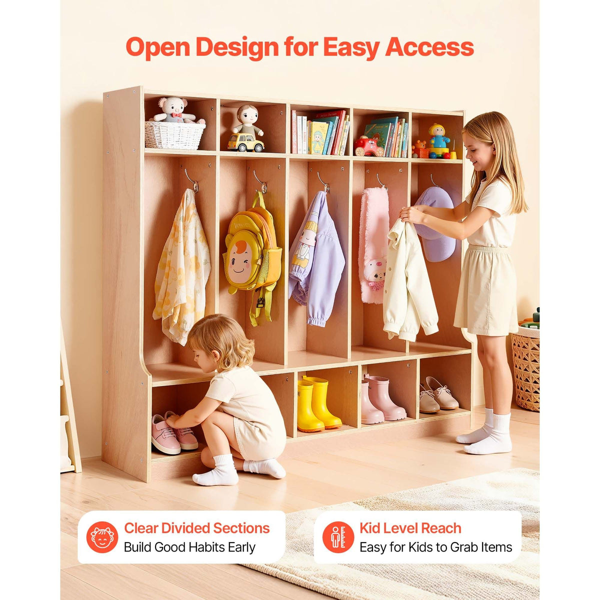 5-Section Kids Coat Locker, Wooden Toddler Cubby Storage Organizer with 10 Hooks & Non-Slip Mat, Modern Kid Coat Cubbies with 10 Small Open Storage Boxes for Home, Kindergarten, Daycare, Natural