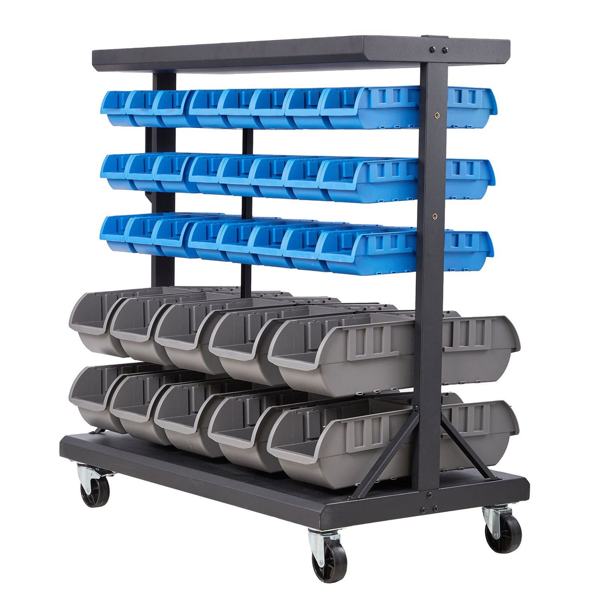 5-Tier Double-Sided Rolling Bin Storage Rack, 68 Organizer Bins, Dual-Sided Parts Organizer with Wheels, Mobile Tool Organizer Plastic Bins for Garage, Warehouse, Office, Restaurant, Classroom