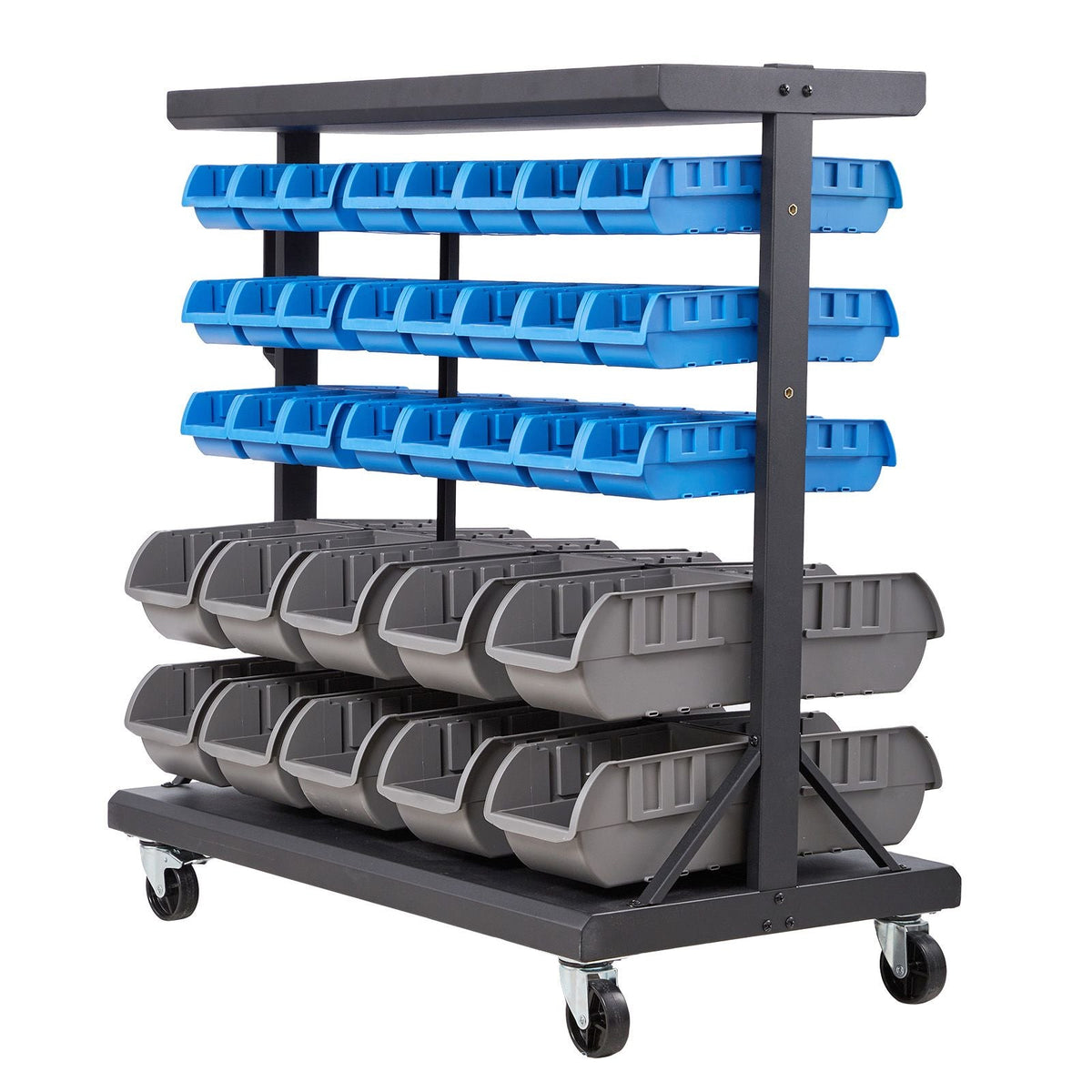 5-Tier Double-Sided Rolling Bin Storage Rack, 68 Organizer Bins, Dual-Sided Parts Organizer with Wheels, Mobile Tool Organizer Plastic Bins for Garage, Warehouse, Office, Restaurant, Classroom