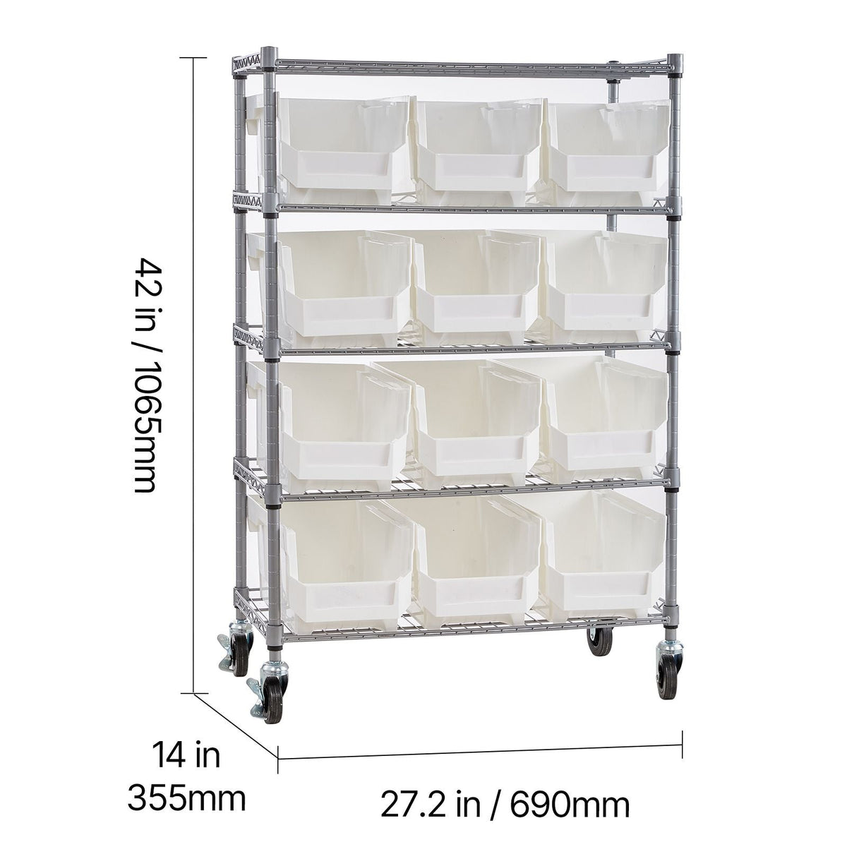 5-Tier Rolling Bin Storage Rack, 12 Organizer Bins, Bin Rack Storage Steel Wire Shelving System with Wheels, Mobile Tool Organizer for Garage, Warehouse, Office, Restaurant, Classroom, Kitchen