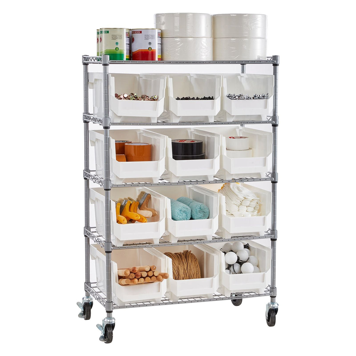 5-Tier Rolling Bin Storage Rack, 12 Organizer Bins, Bin Rack Storage Steel Wire Shelving System with Wheels, Mobile Tool Organizer for Garage, Warehouse, Office, Restaurant, Classroom, Kitchen