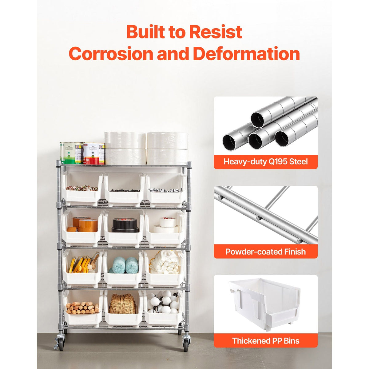 5-Tier Rolling Bin Storage Rack, 12 Organizer Bins, Bin Rack Storage Steel Wire Shelving System with Wheels, Mobile Tool Organizer for Garage, Warehouse, Office, Restaurant, Classroom, Kitchen