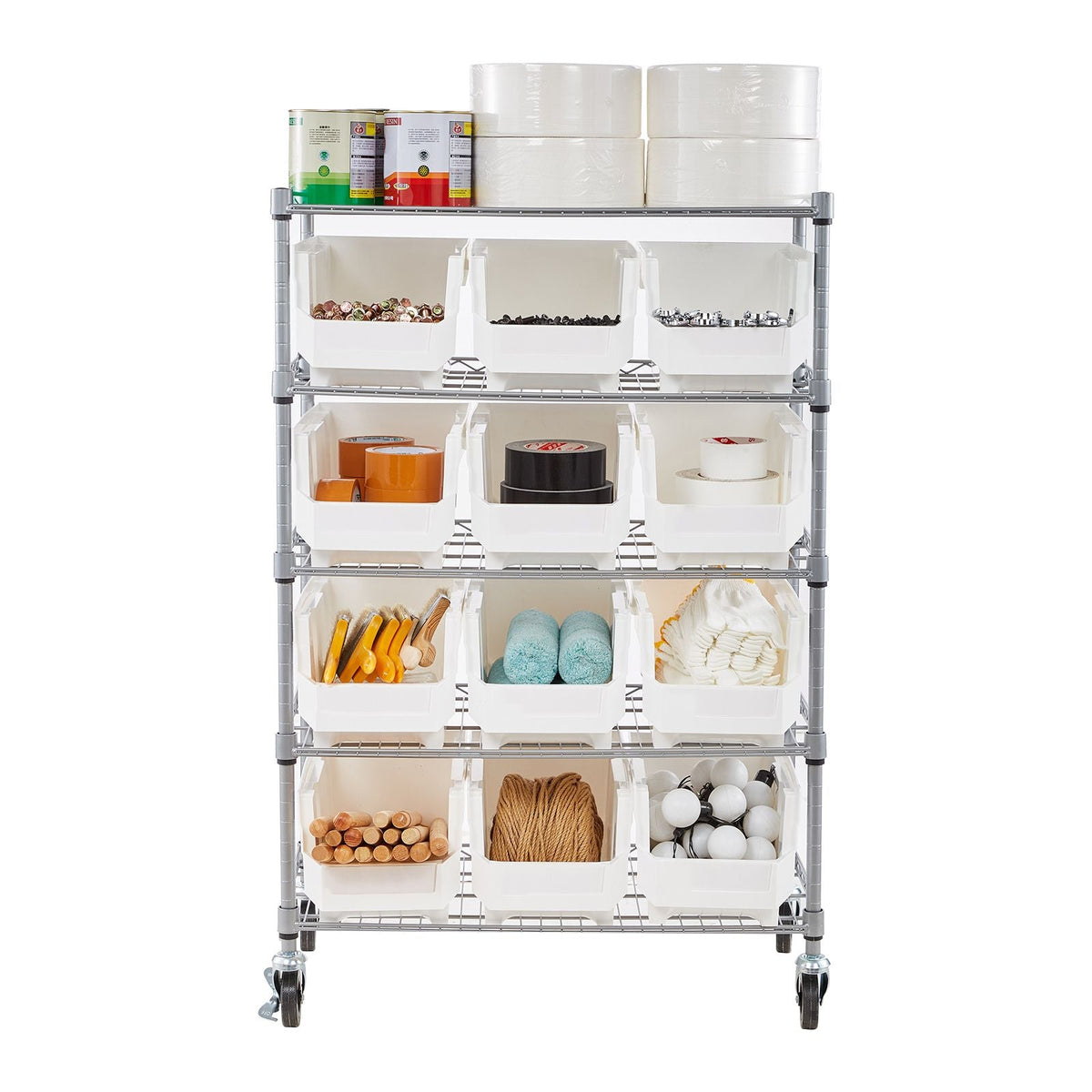 5-Tier Rolling Bin Storage Rack, 12 Organizer Bins, Bin Rack Storage Steel Wire Shelving System with Wheels, Mobile Tool Organizer for Garage, Warehouse, Office, Restaurant, Classroom, Kitchen