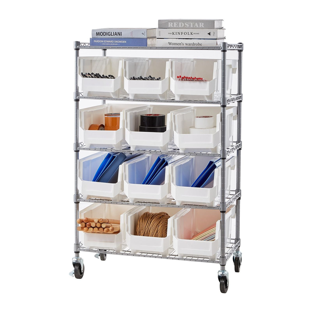 5-Tier Rolling Bin Storage Rack, 12 Organizer Bins, Bin Rack Storage Steel Wire Shelving System with Wheels, Mobile Tool Organizer for Garage, Warehouse, Office, Restaurant, Classroom, Kitchen