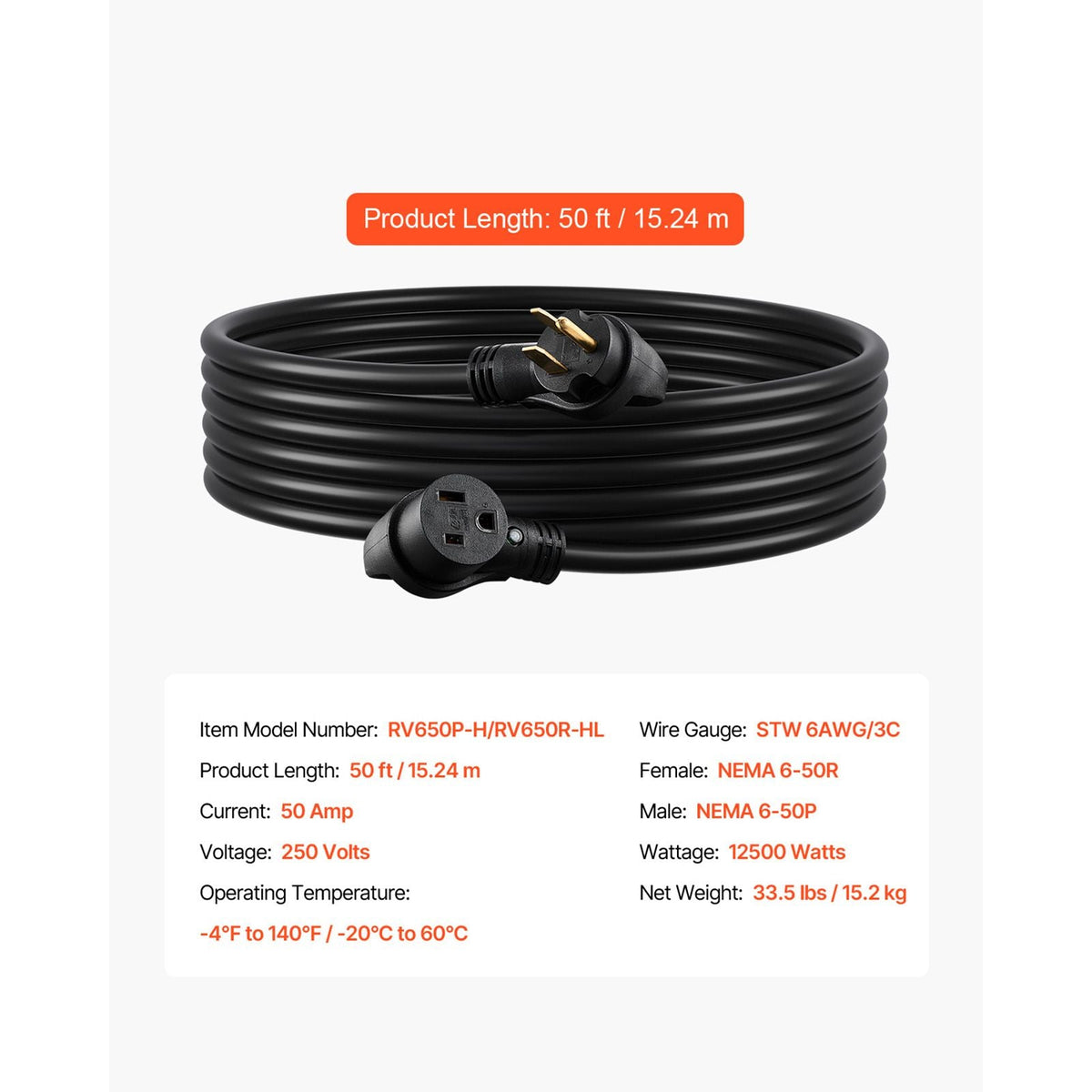 50-Amp Generator Extension Cord, 50 Foot, 250 Volts 12500 Watts Heavy Duty Power Cable, NEMA 6-50R NEMA 6-50P SWT 6AWG Flexible Welder Extension Cord, with Storage Bag, for Generator, ETL Listed