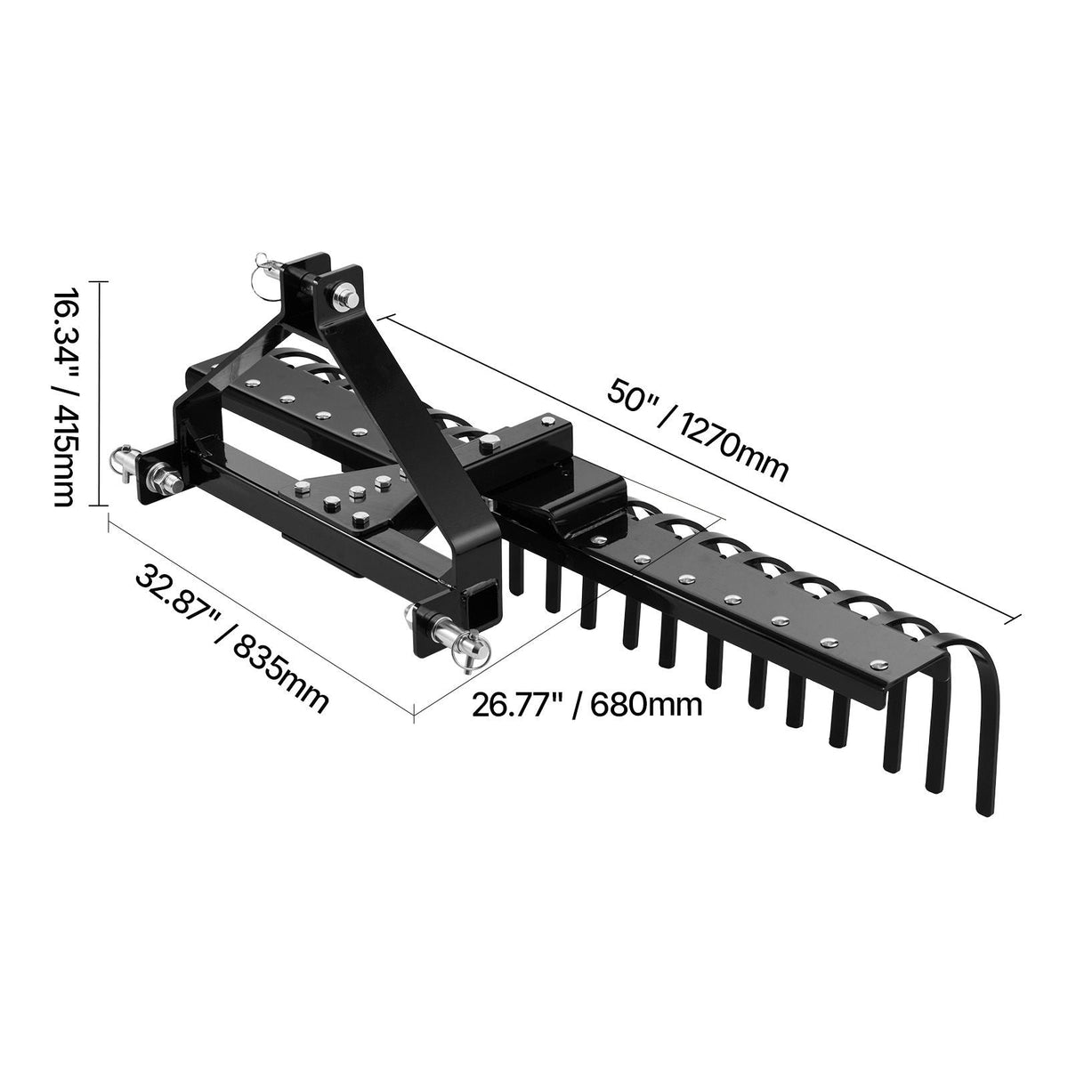 50 in Lanscape Rock Rake, 3-Point Tow Behind Landscape Rake with 17 Steel Tines, Fit Category 1 Tractors, Angle Adjustable, Heavy Duty Lawn Dethatcher Rake for Grass Branch Debris