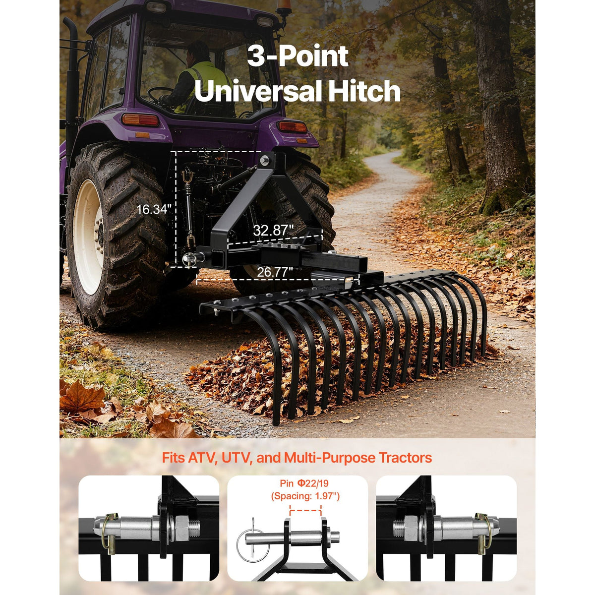 50 in Lanscape Rock Rake, 3-Point Tow Behind Landscape Rake with 17 Steel Tines, Fit Category 1 Tractors, Angle Adjustable, Heavy Duty Lawn Dethatcher Rake for Grass Branch Debris