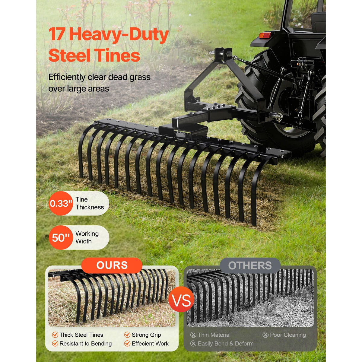 50 in Lanscape Rock Rake, 3-Point Tow Behind Landscape Rake with 17 Steel Tines, Fit Category 1 Tractors, Angle Adjustable, Heavy Duty Lawn Dethatcher Rake for Grass Branch Debris