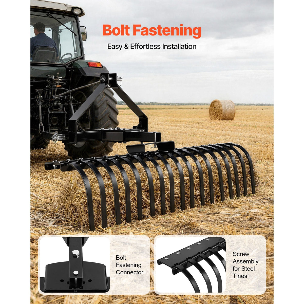 50 in Lanscape Rock Rake, 3-Point Tow Behind Landscape Rake with 17 Steel Tines, Fit Category 1 Tractors, Angle Adjustable, Heavy Duty Lawn Dethatcher Rake for Grass Branch Debris