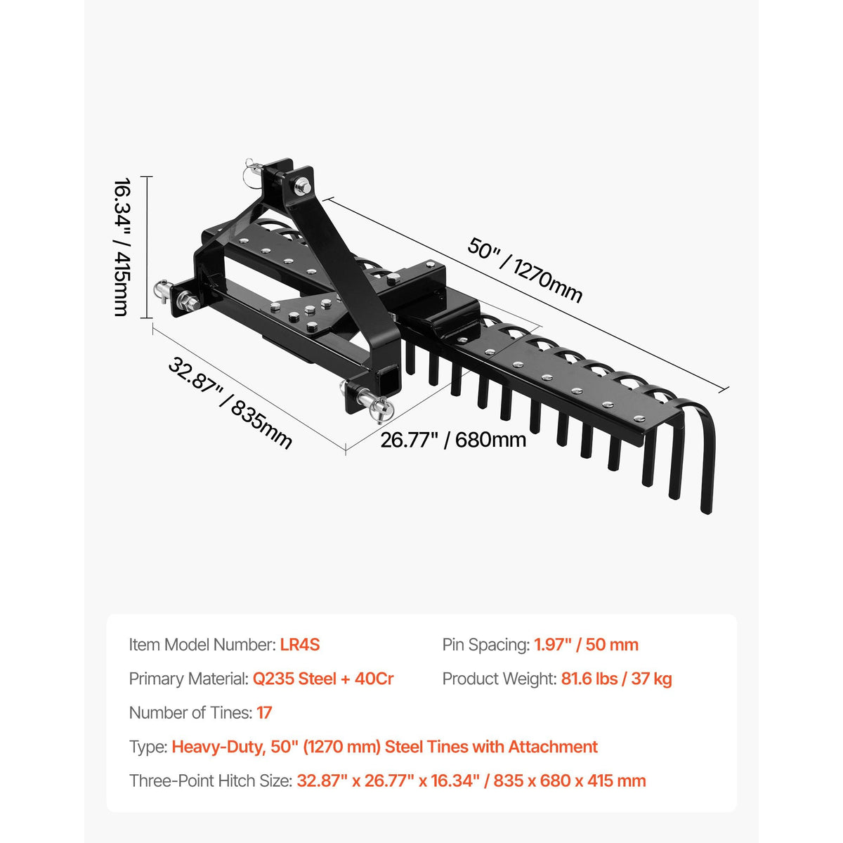 50 in Lanscape Rock Rake, 3-Point Tow Behind Landscape Rake with 17 Steel Tines, Fit Category 1 Tractors, Angle Adjustable, Heavy Duty Lawn Dethatcher Rake for Grass Branch Debris