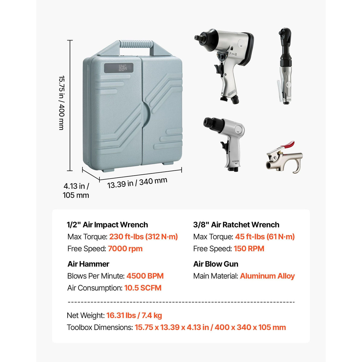 50 Pieces Pro Air Tool and Accessories Kit - 1/2" Air Impact Wrench, 3/8" Ratchet Wrench, 4500BPM Hammer, Blow Gun & Full Accessories for Auto Repairs, Home DIY Projects - with Storage Case