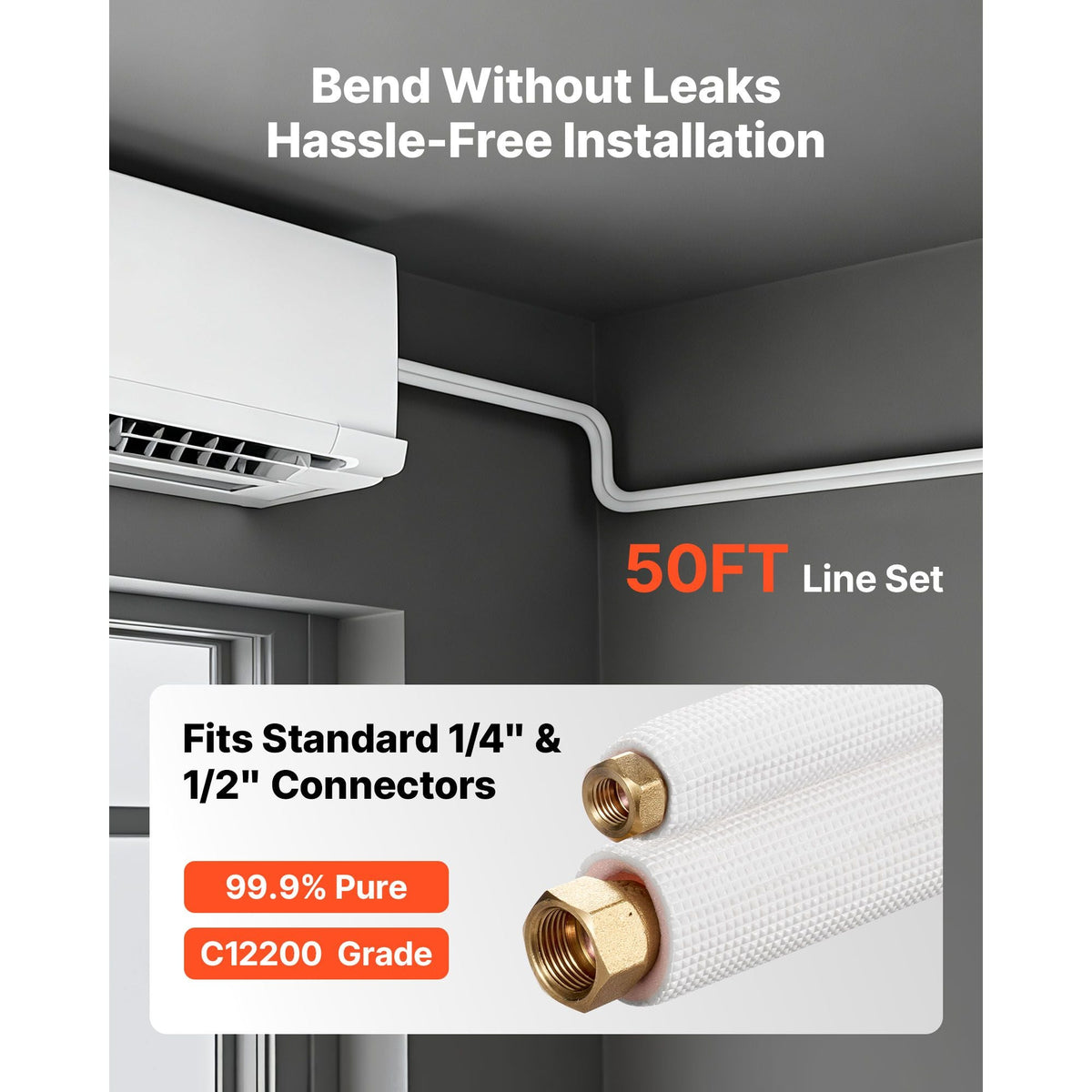 50ft Mini Split Line Set, 1/4' & 1/2' OD AC Copper Tubing Pipe, 3/8 White PE Thickened Insulated Coil with Flared Nuts, Rich Fittings, for Mini Split Air Conditioner HVAC or Heat Pump System