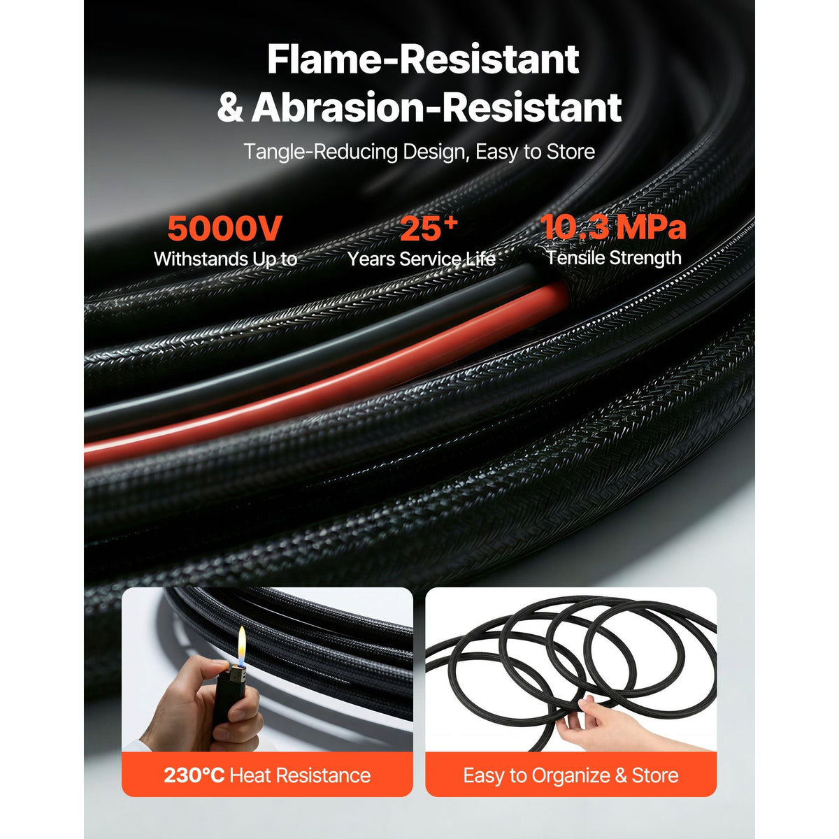 50FT Solar Panel Extension Cable, 10 AWG, Solar Panel Wire with Flame Retardant Protective Sleeving, Female and Male Connectors, IP67 Waterproof PV Wire, for Outdoor Automotive RV, Black & Red