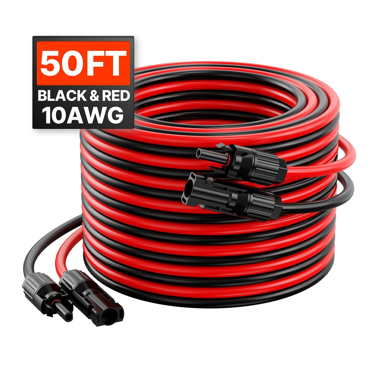 50FT Solar Panel Extension Cable, 10AWG Solar Extension Cable Wire with Female & Male Waterproof Connectors, 6mm² PV Cable for Home, Ship and RV Solar Panels, 50FT Black + 50FT Red (Set of 2)