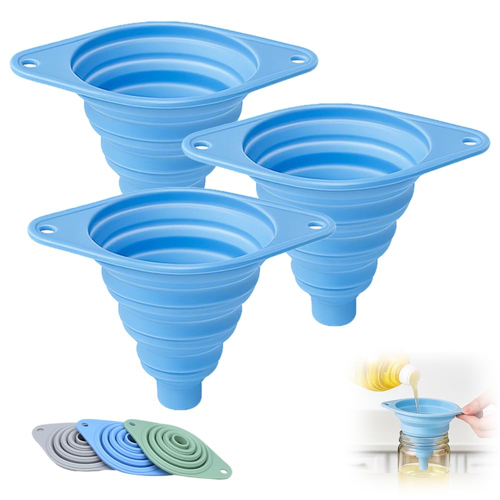 Kitchen Funnel Set 3 Pack, Collapsible Silicone Funnels for Filling Water Bottles & Small Bottles | Food-Grade, Easy Clean & Space-Saving (Blue)