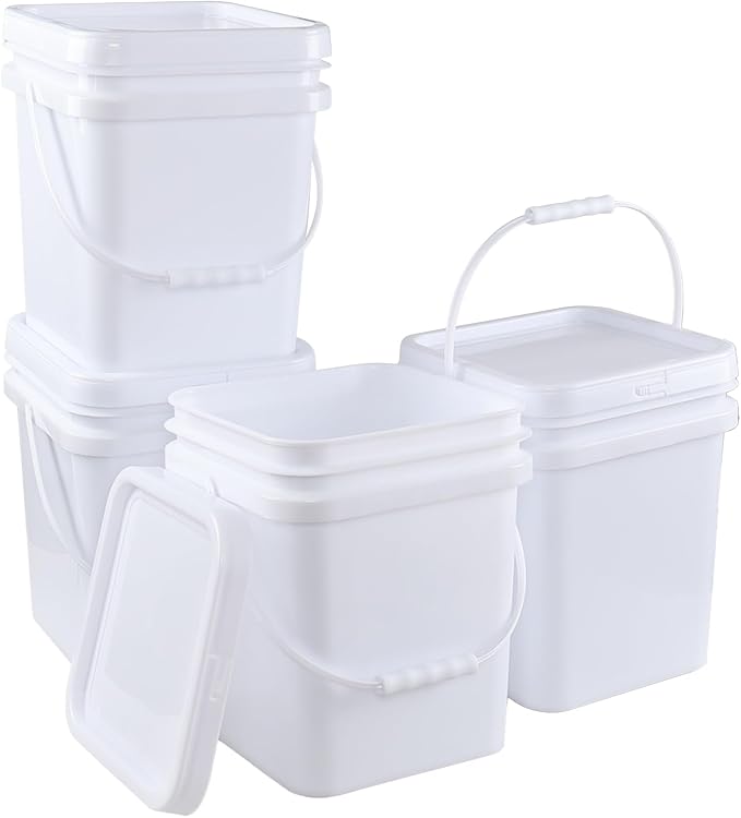 Teyyvn 5 Gallon Plastic Square Bucket with Lid and Handle, 4 Pack White Square Food Bucket Pail Container
