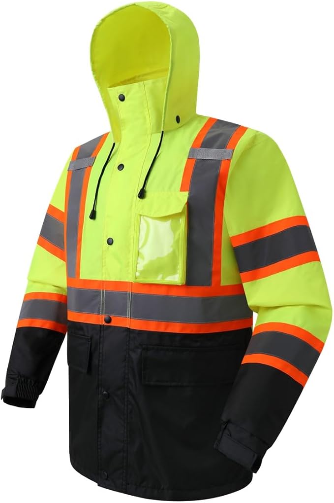 JKSafety Hi-Vis Reflective Safety Rain Jacket for Men Women Waterproof Rain Gears for Farming Fishing Work HV Rain Jacket with Inner Mesh Lining and Pockets (117A-YBlk 3XL)