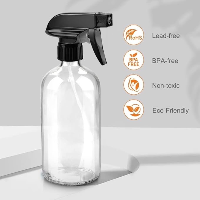 Glass Spray Bottles, 16oz*2+4oz*2+2oz*4 Refillable Containers, Empty Boston Round Bottles with Adjustable Nozzle for Cleaning, Gardening, Aromatherapy, Pets, Plant, Hair - Clear