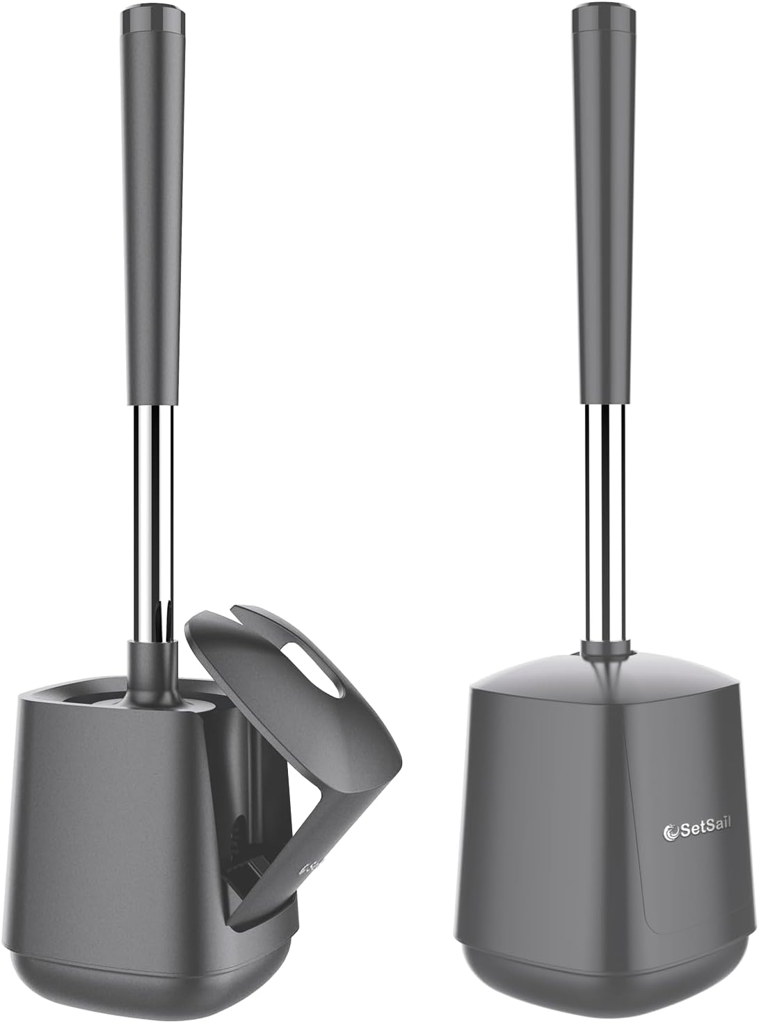 SetSail Toilet Brush and Holder 2 Pack, Self Closing Lid Toilet Bowl Brushes Holder and Extra Long Handle Ventilated Toilet Brush Set for Bathroom Cleaning, Nylon Bristles, Grey