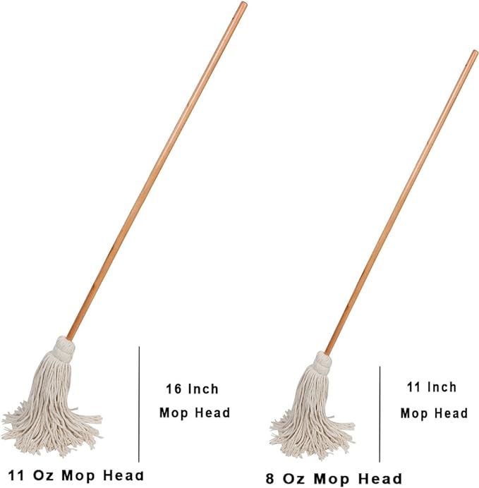 Large Wet Deck Cotton Mop with Solid Wood Handle (11 Oz, White)