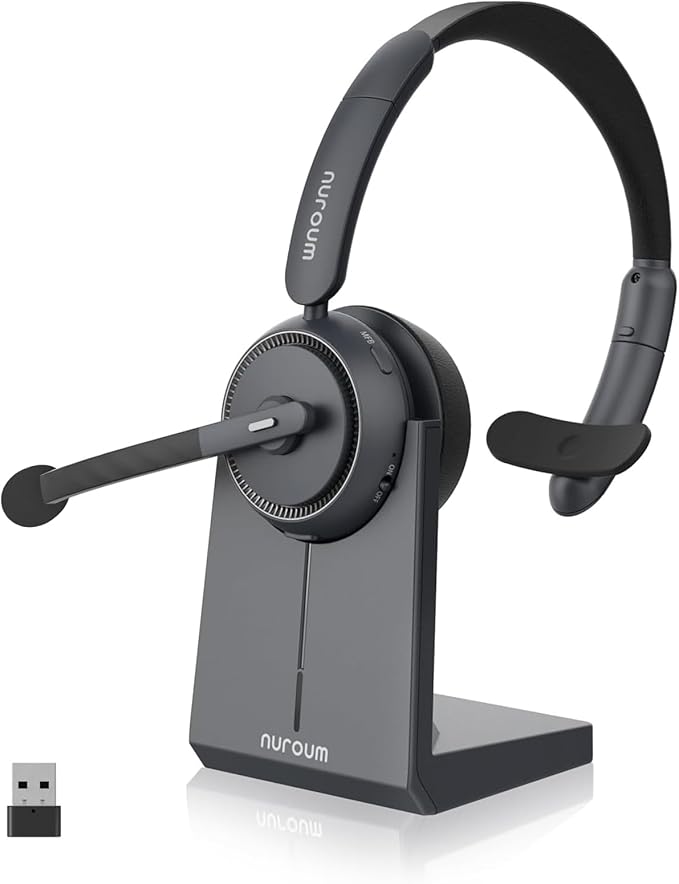 NUROUM HP31S(2nd Gen) Single Ear Wireless Headset with Mic, Bluetooth Headset with Noise Cancelling Microphones, Charging Stand, One Ear, Multi-Point/Mute, 45H Playback for Trucker/Call Center/Office