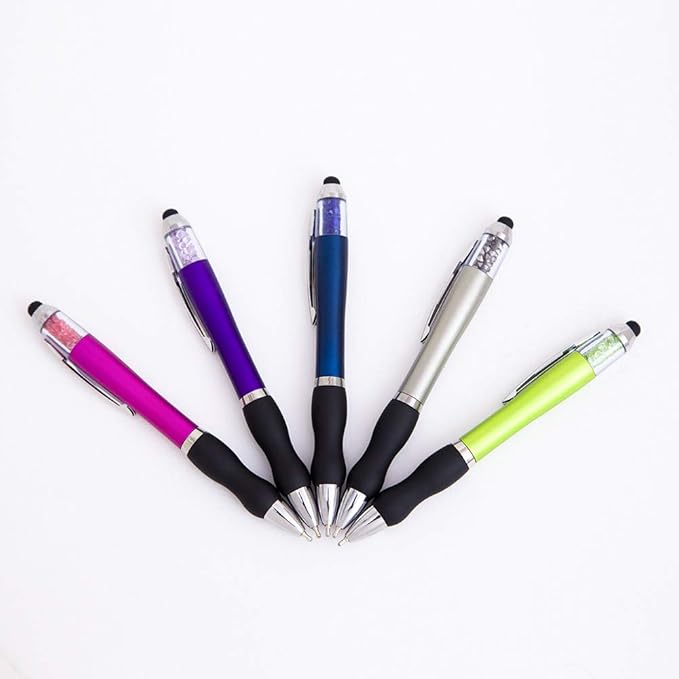 Stylus Pens for Touch Screens Medium Point Pens with Crystals for Women and Kids Black Ink Pen with Stylus Ballpoint Pens with Comfort Grip for The iPad, 5-Pack