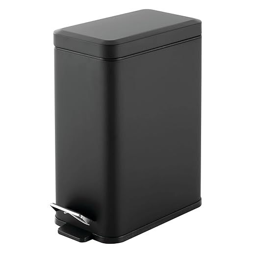 mDesign Pedal Bin — Waste Bin with Pedal, Lid and Plastic Bucket Insert for Bathroom, Kitchen, and Office — Metal Household Rubbish Bin with Ergonomic Design — Black