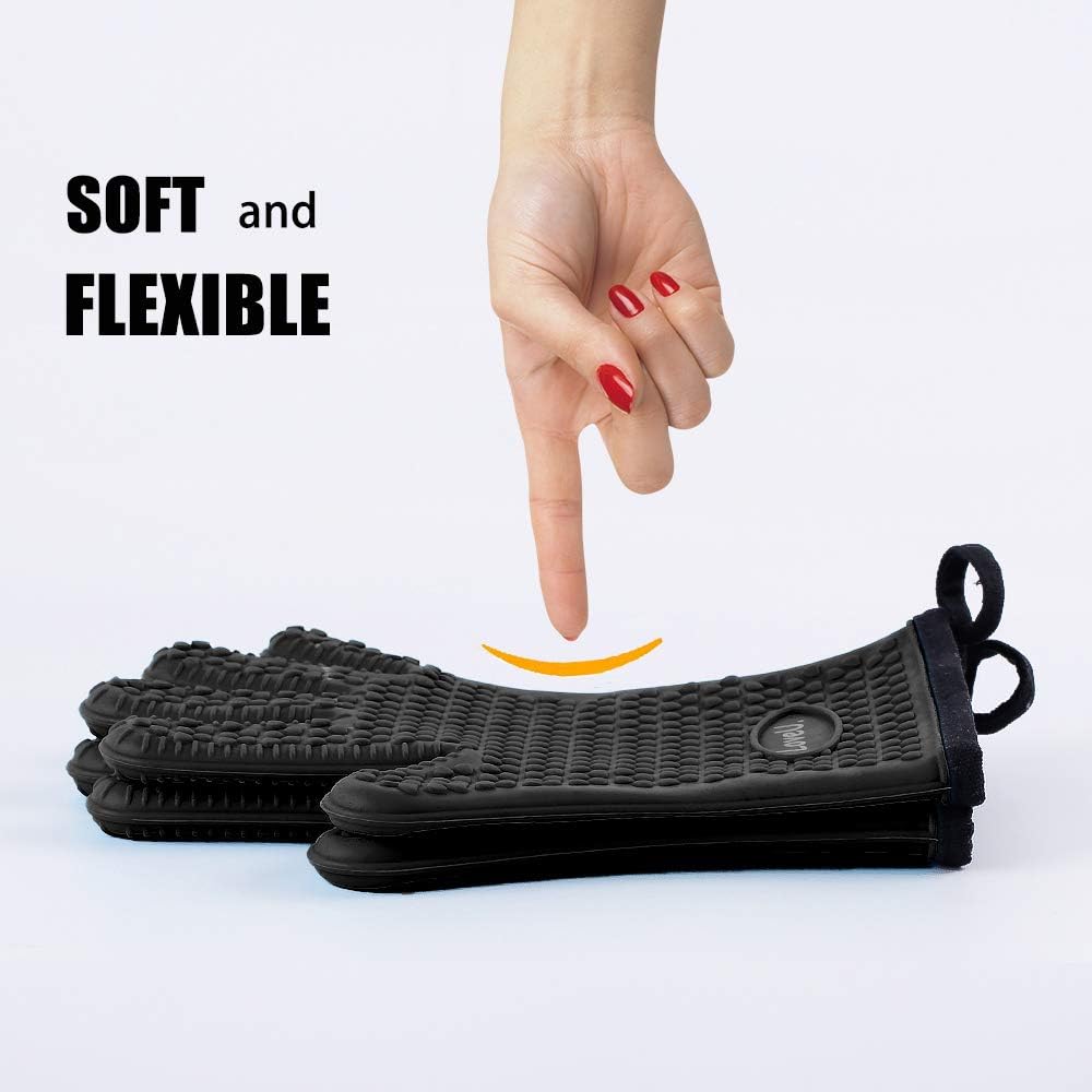 Kitchen Oven Gloves - Dual-Layer Heat Resistant Grilling Gloves, Silicone Oven Mitts with 5 Fingers, Waterproof Non-Slip Pot Holder for Barbecue, Cooking, Baking (Small, Black)