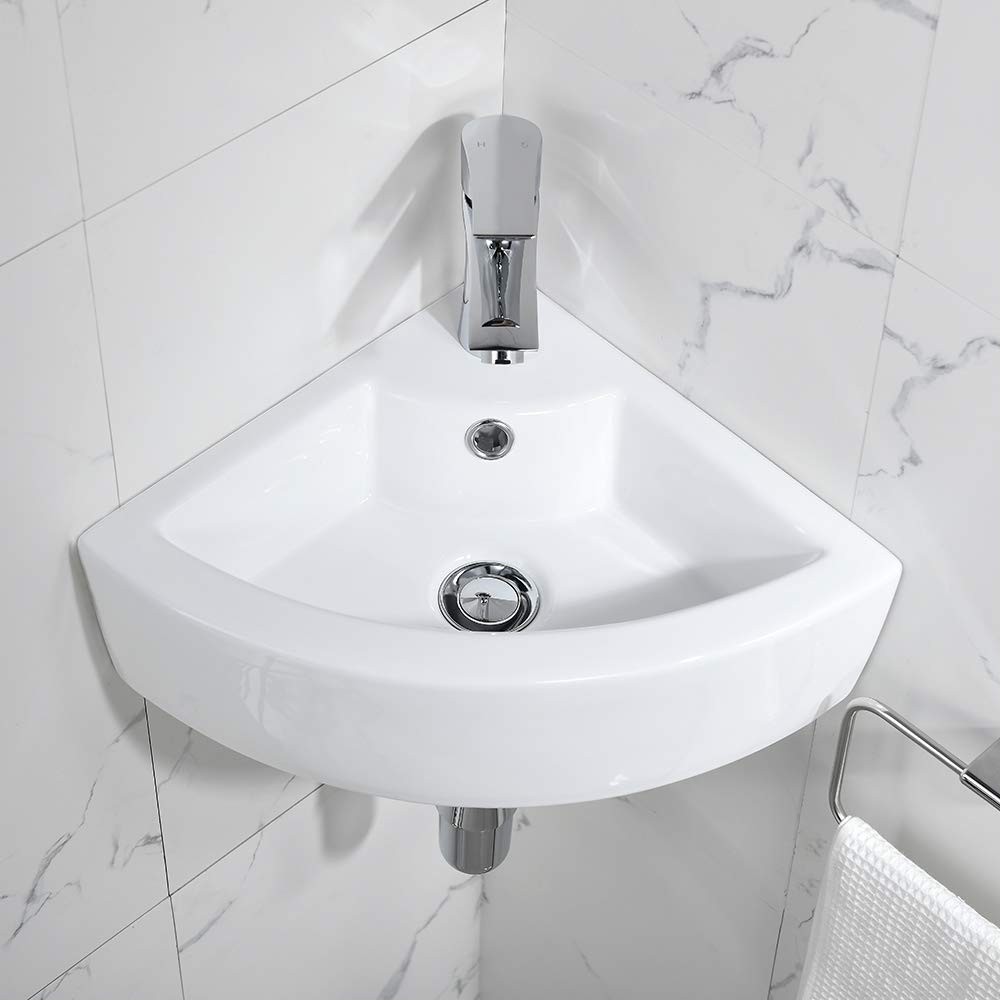 Wall Mount Corner Bathroom Sink with Faucet-Bokaiya 18x13 Inch Small Bathroom Sink with Overflow Wall Mount Triangle White Porcelain Ceramic Mini Vanity Space Vessel Sink