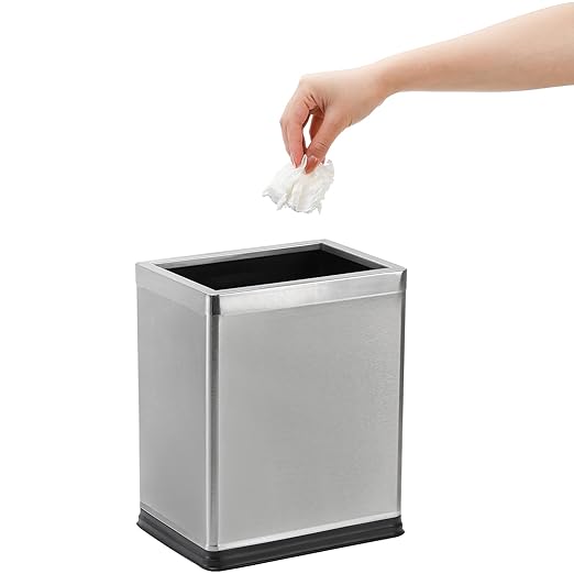 AVLA 10 Liter Open Top Trash Can, Stainless Steel Office Wastebasket, Kitchen Garbage Container Bin with Removable Bag Holder, Waste Trashcans for Bathroom, Restaurant, Restroom, Powder Room, Home