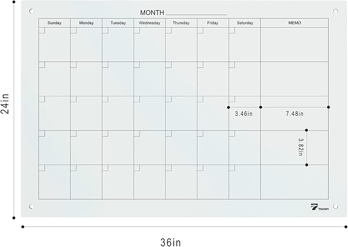 TOWON Tempered Glass Calendar Dry Erase Board for Wall, 3' x 2' Magnetic Whiteboard Calendar Planner for Office, Home, School Supplies, White, 36 x 24 Inches