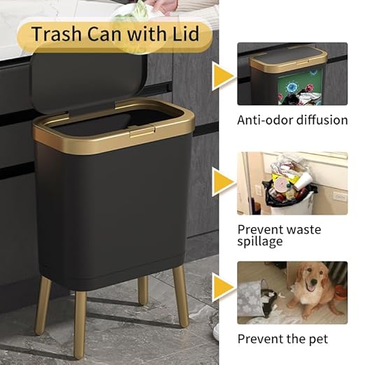 Procade Office Trash Can with Lid, Black Bathroom Trash Can with Gold Edge, Modern Narrow Garbage Can with Legs, Slim Plastic Trash Bin for Bedroom, Living Room,Kitchen,Toilet, 4 Gallon