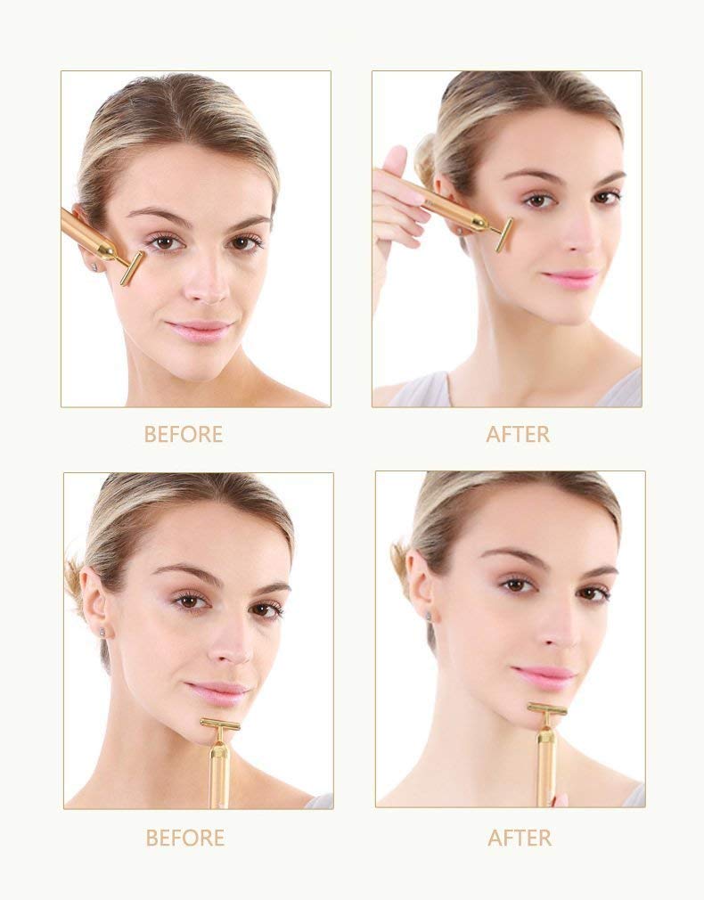 Beauty Bar 24k Golden Pulse Facial Massager, T-Shape Electric Sign Face Massage Tools for Sensitive Skin Face Pull Tight Firming Lift