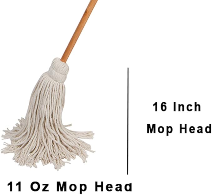 Large Wet Deck Cotton Mop with Solid Wood Handle (11 Oz, White)